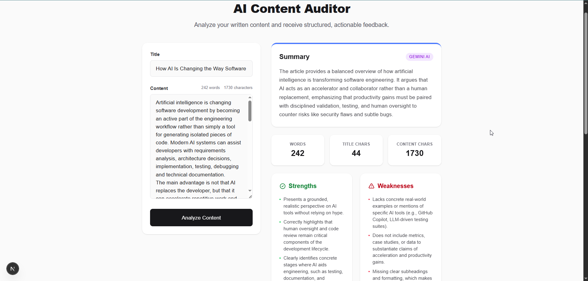AI Content Auditor analysis interface
