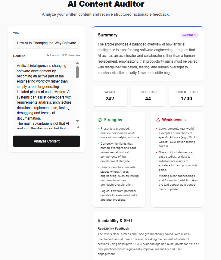 AI Content Auditor full analysis result